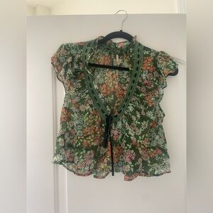 Free People Floral Sheer Green Blouse